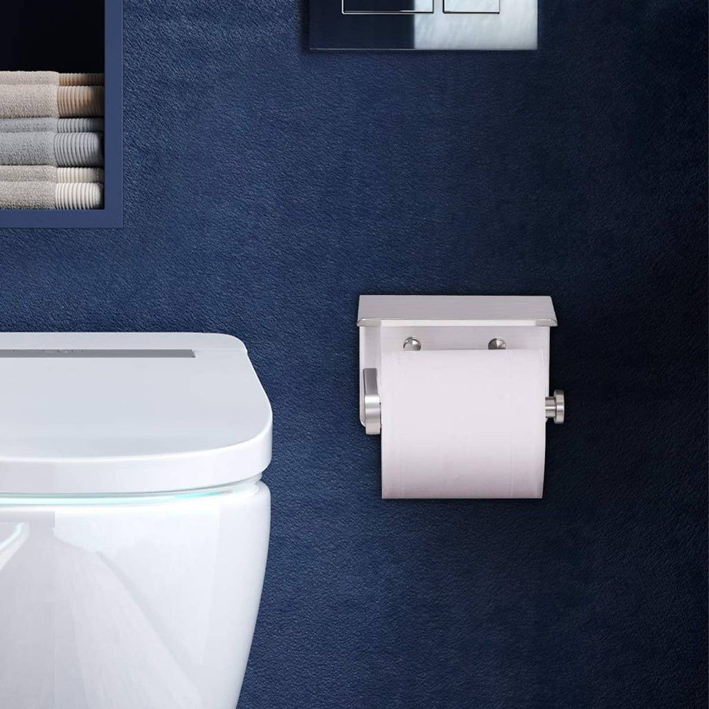 Wall-mounted toilet paper holder with phone shelf and paper roll support in stainless silver