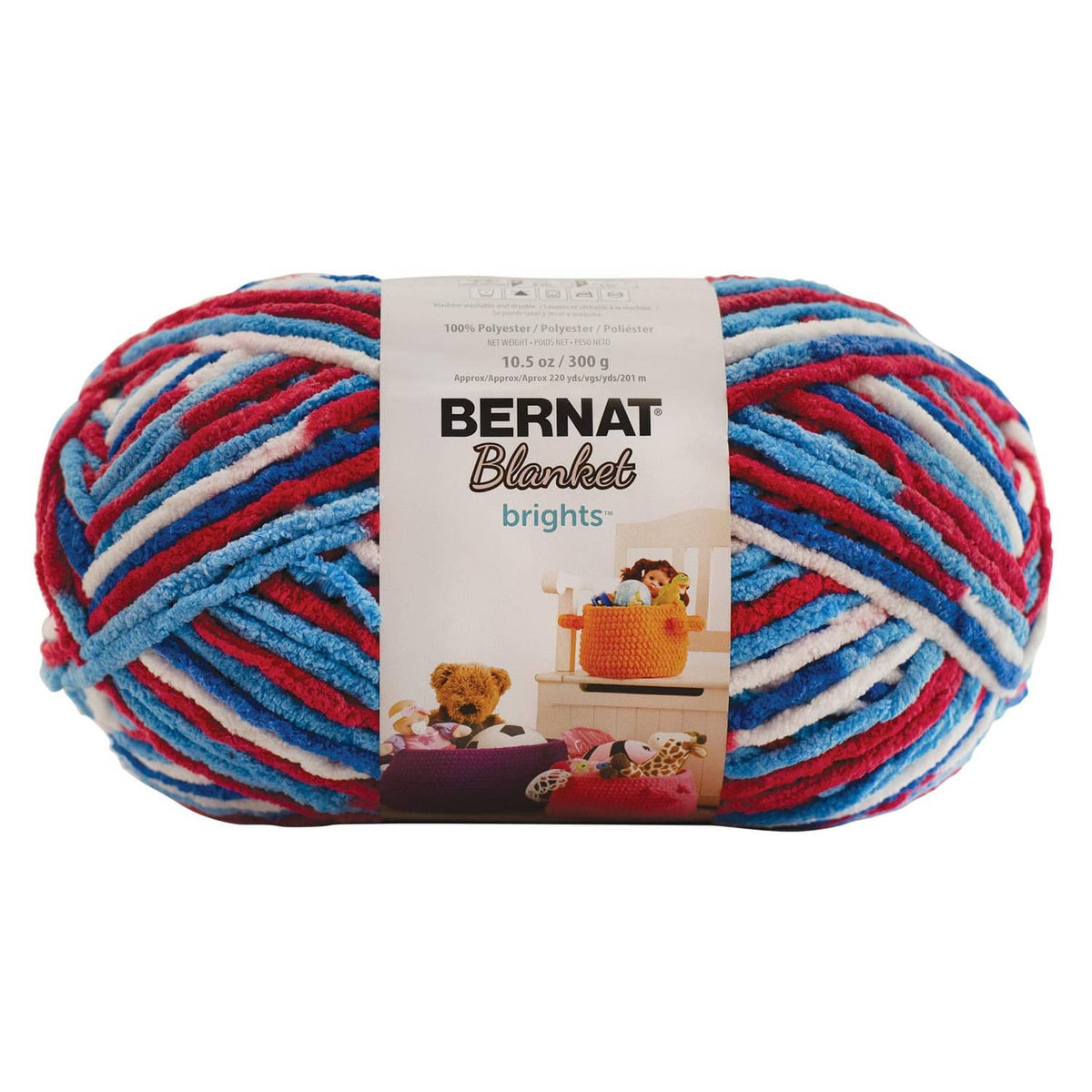 Super bulky bright red and blue striped Bernat Blanket yarn skein with label