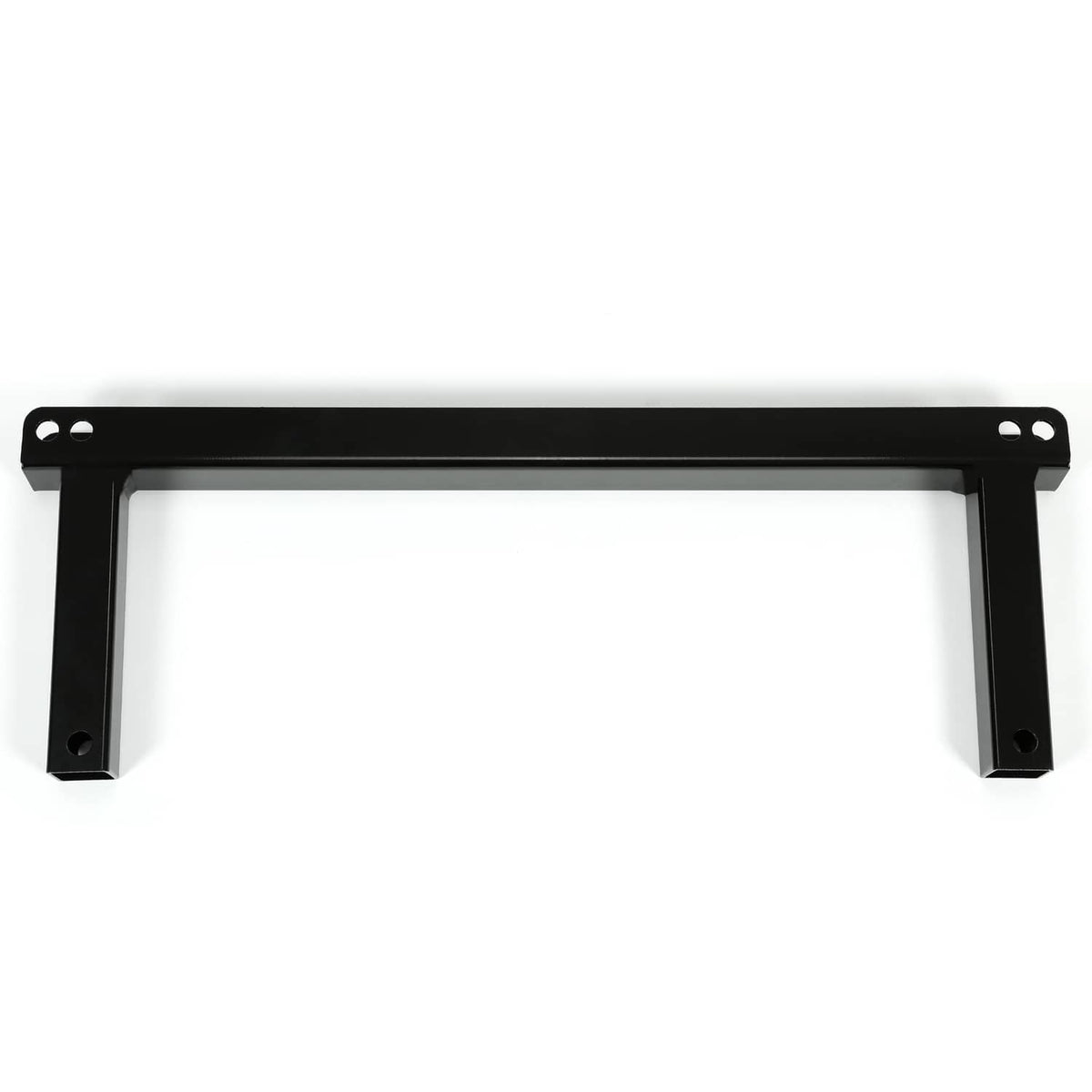 Black powder-coated lift bracket crossbar with two end legs and mounting holes