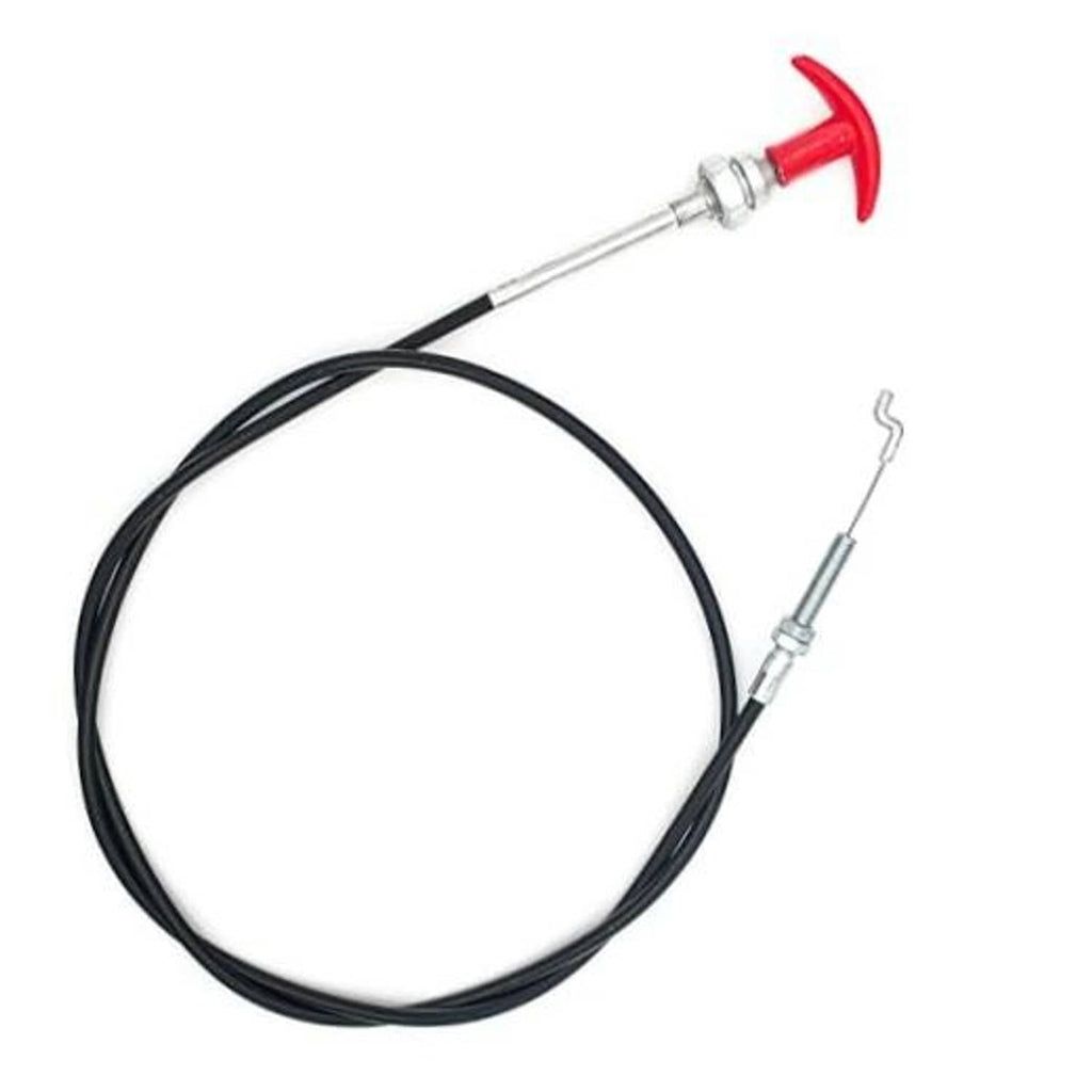 Reverse clutch cable with black housing, red pull handle, and silver metal fittings