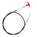 Reverse clutch cable with black housing, red pull handle, and silver metal fittings