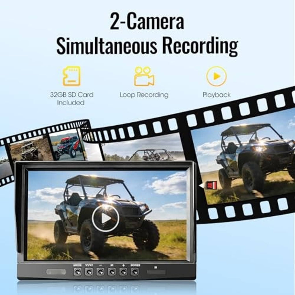 Dual-channel 10.1-inch backup camera monitor showing two vehicle camera previews