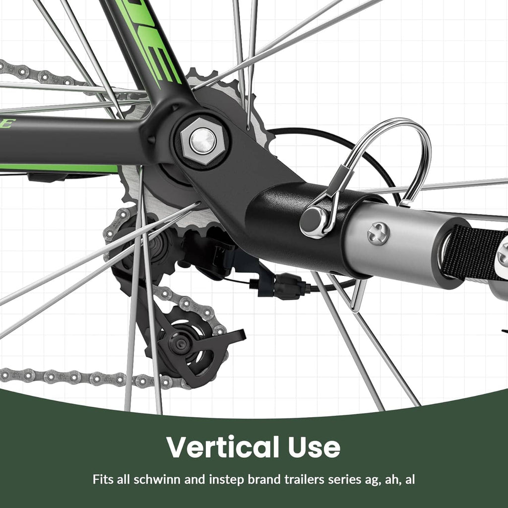 Trailer hitch coupler close-up mounted vertically on bike frame with locking pin