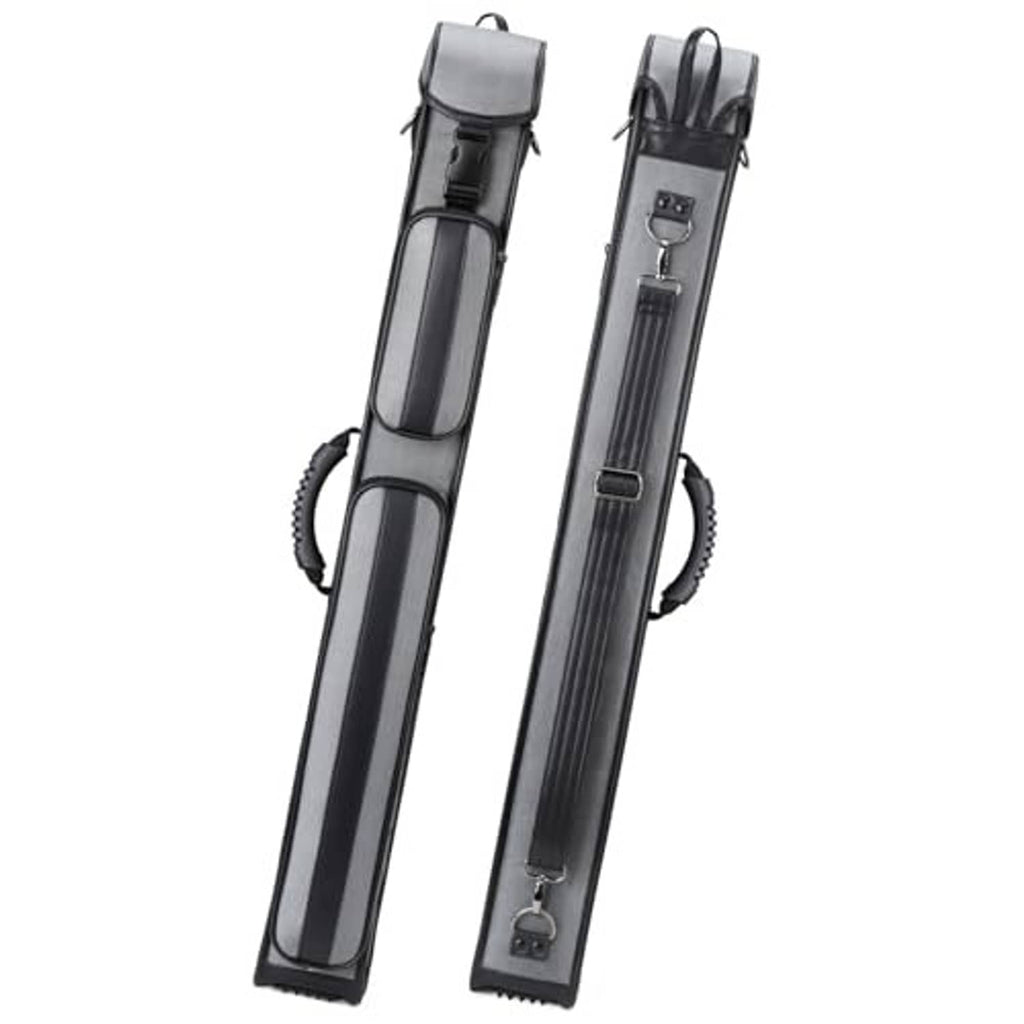 Hard pool cue case in dark gray, long zip design with two end straps and handle