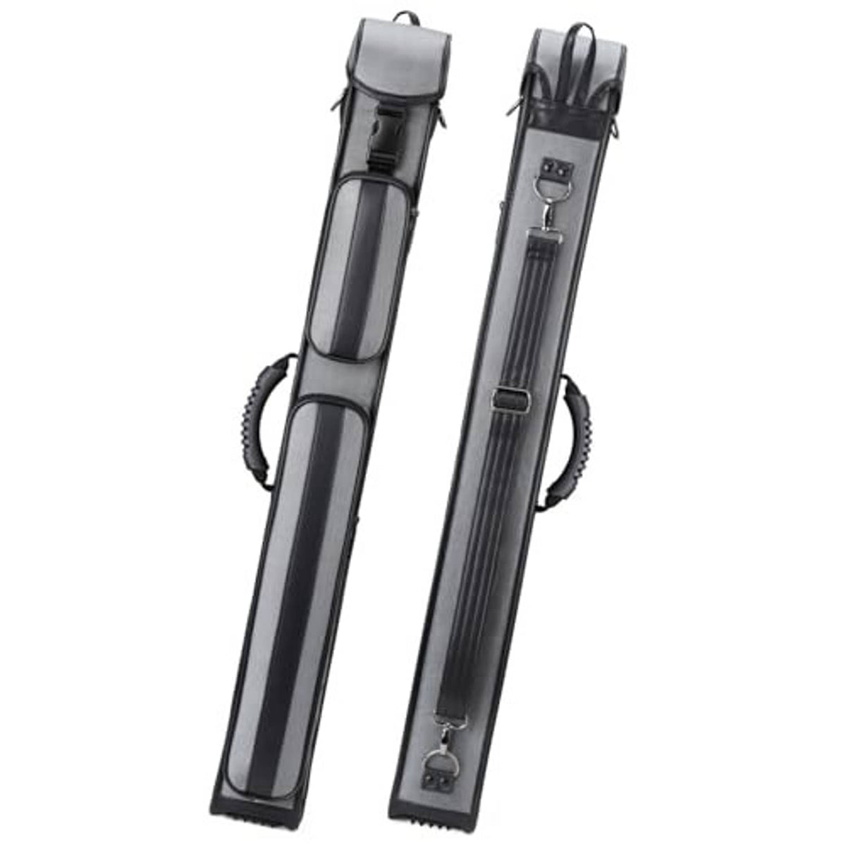 Hard pool cue case in dark gray, long zip design with two end straps and handle