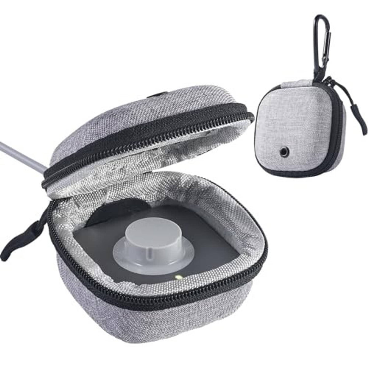 Grey zippered hard-shell travel pouch with carabiner hook, open showing ring holder