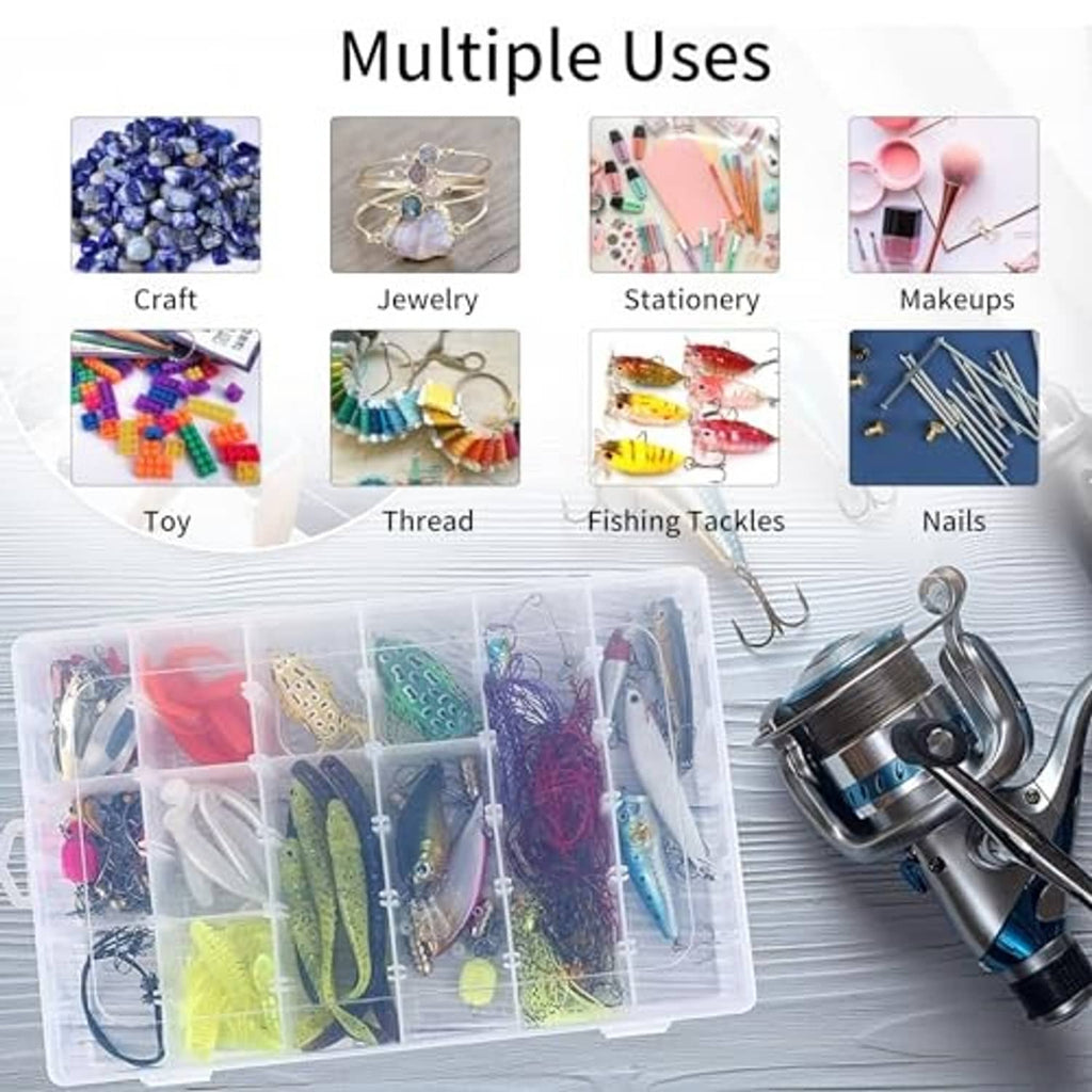 Clear multi-compartment organizer box for beads, jewelry, and other small craft items.