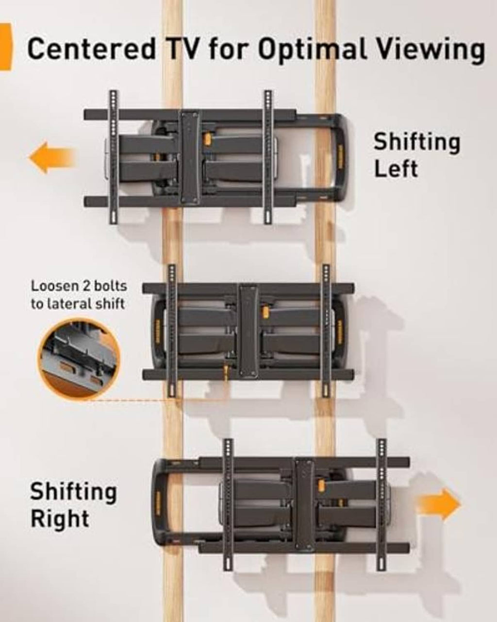 Centered TV wall mount with left/right shift mechanism and vertical sliding arms