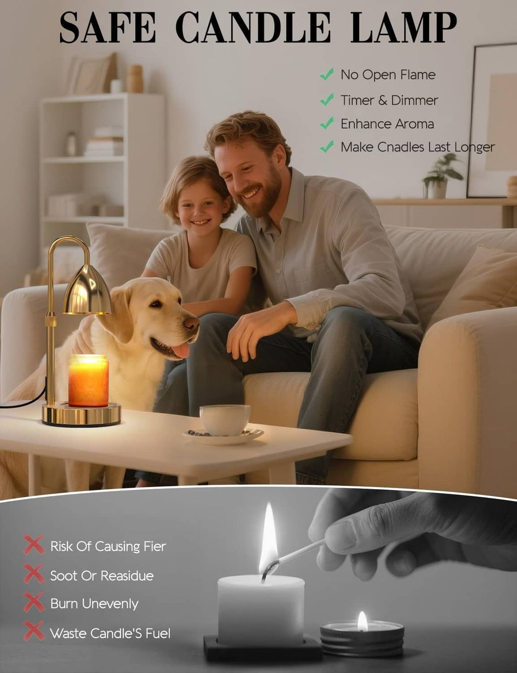 Gold safe candle lamp on living room table next to a candle