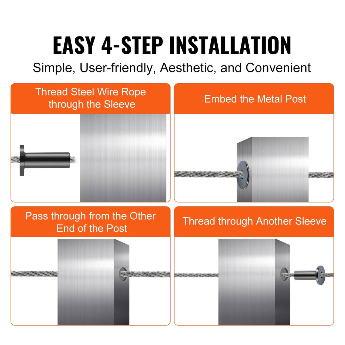 Stainless steel wire rope protector sleeves installation steps, threaded sleeve and posts