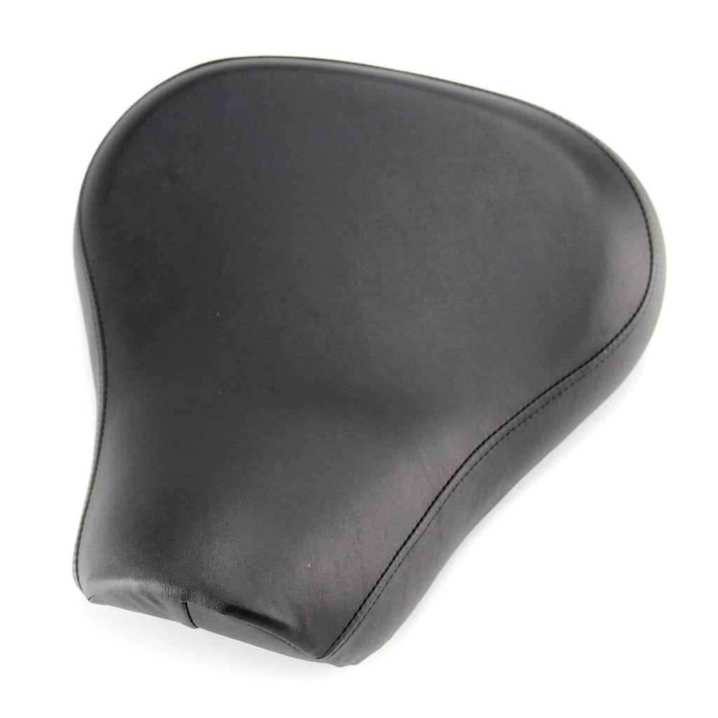 Black motorcycle solo seat with rounded backrest and visible top stitching