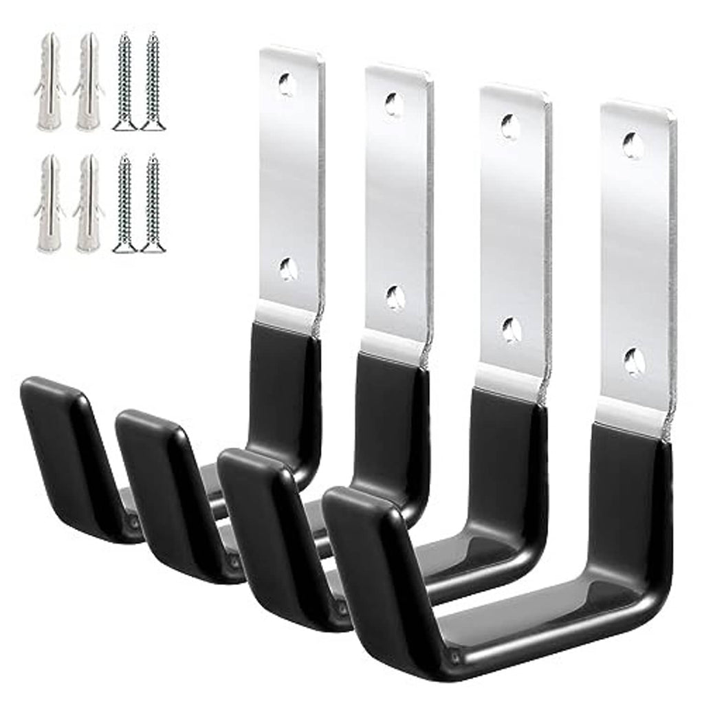 4-pack steel garage hooks with black PVC grips and four-screw mounting plates