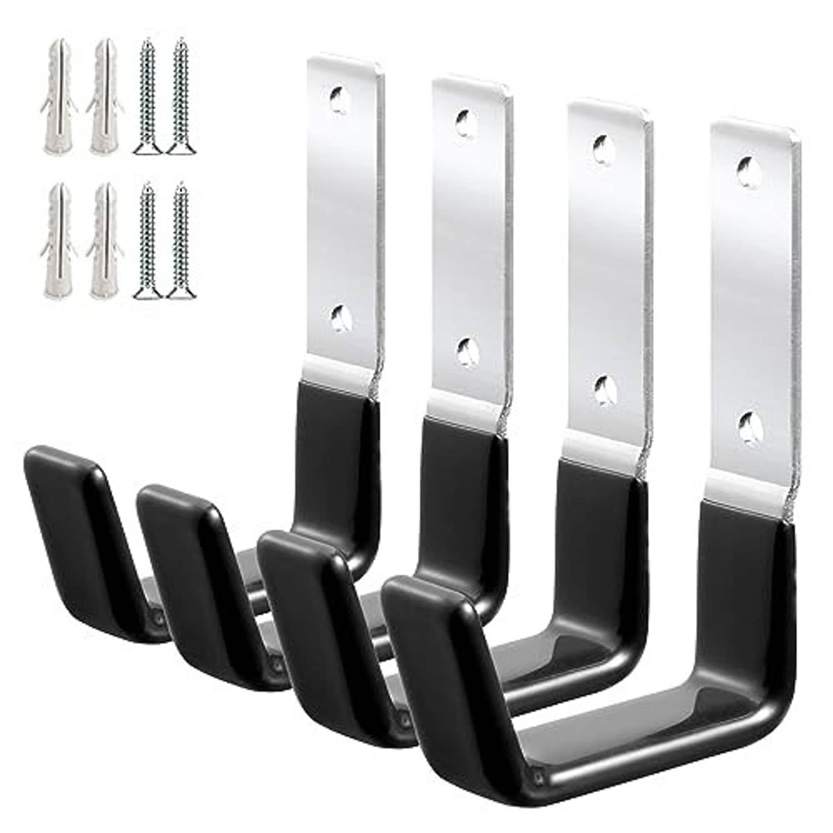 4-pack steel garage hooks with black PVC grips and four-screw mounting plates