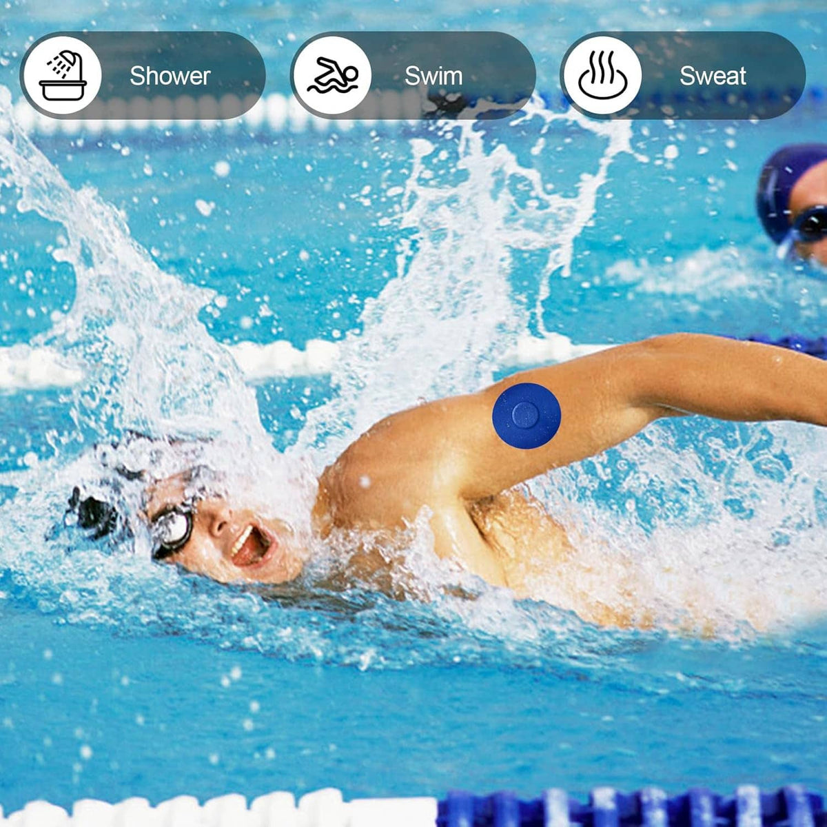 Blue round adhesive patch on swimmer shoulder