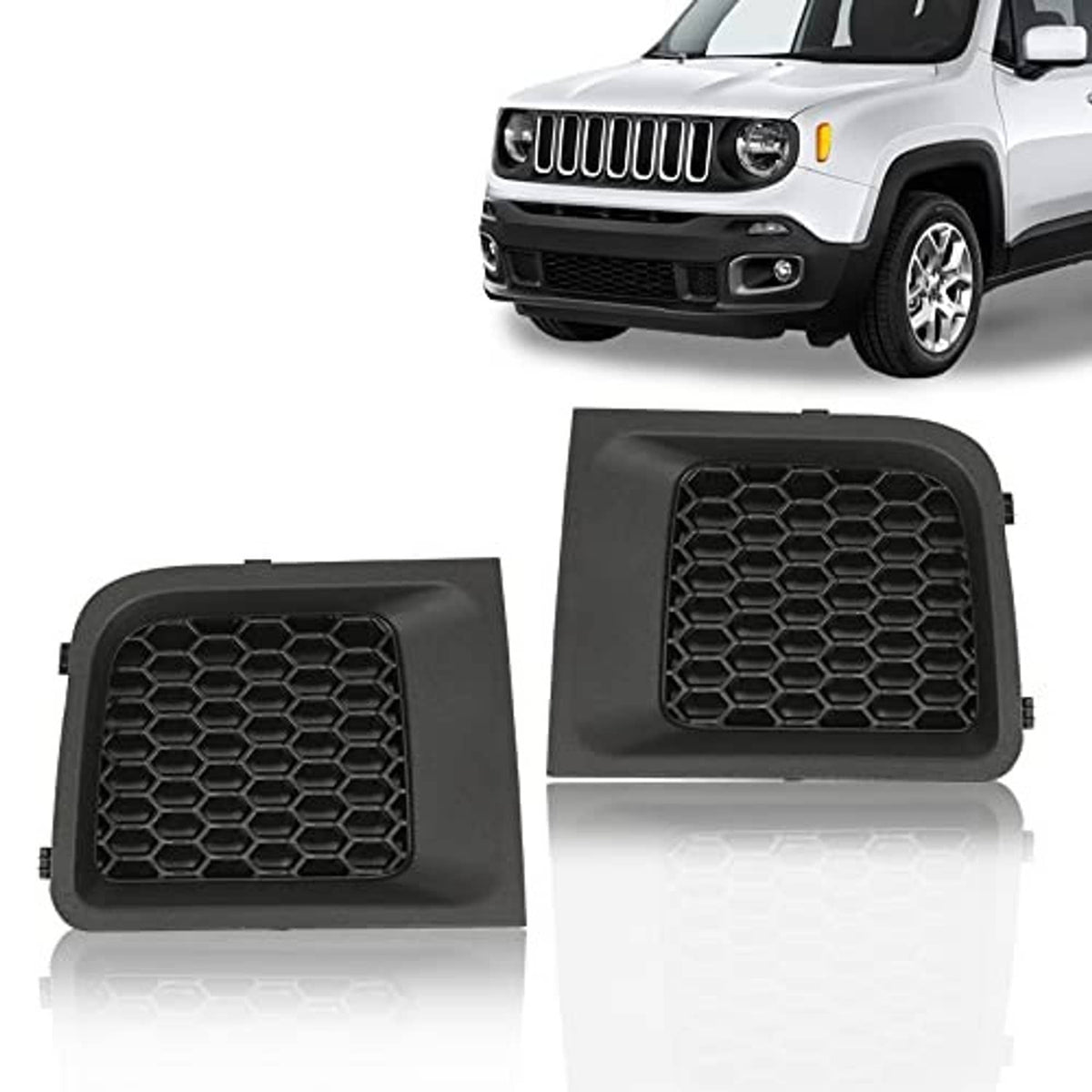 Front bumper cover grille set, two black hex honeycomb inserts with tabs