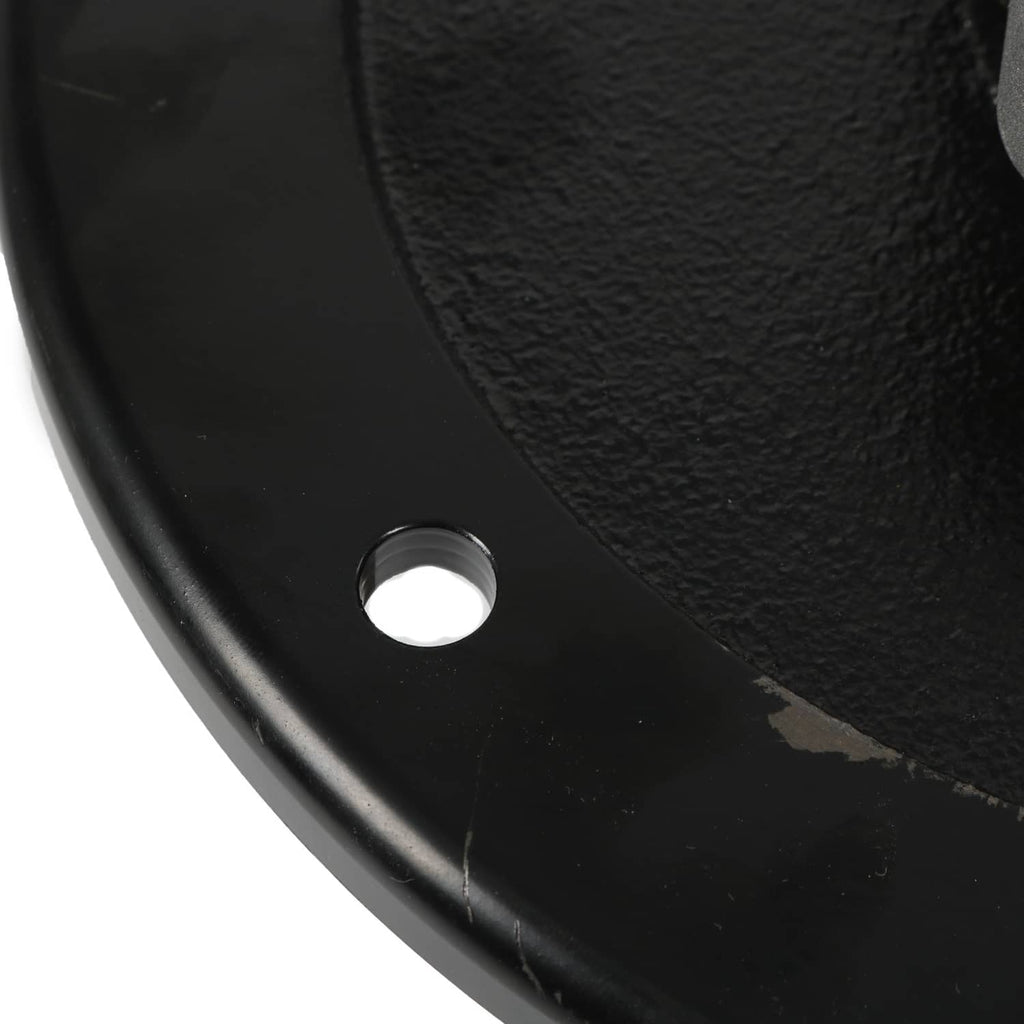 Black mower deck panel with circular spindle mounting hole