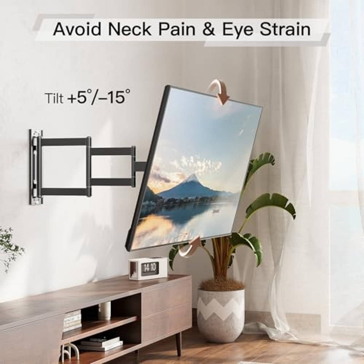 Black TV wall mount with tilted TV display and long extension arm