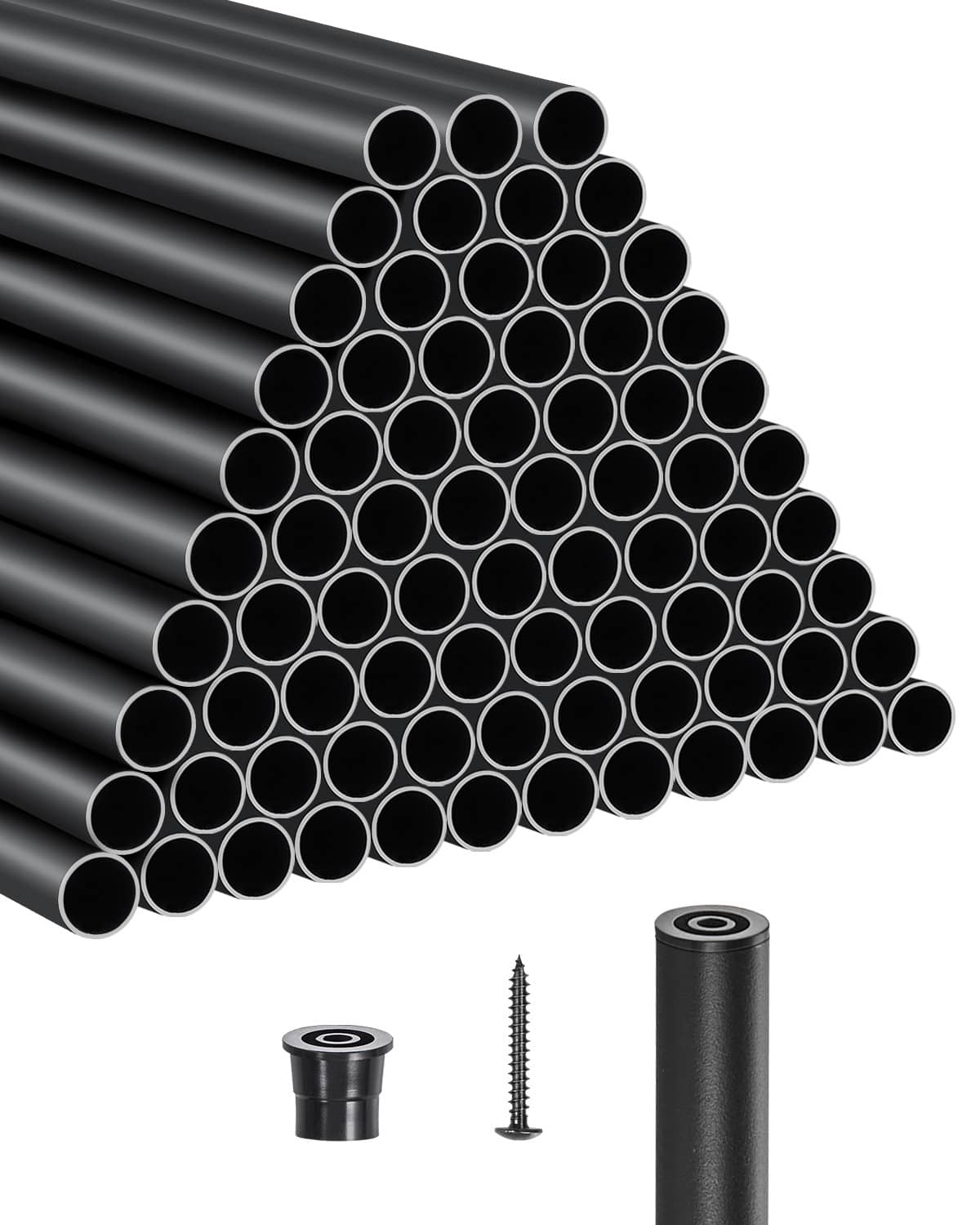 Bundle of black aluminum baluster spindles with plastic caps and screws
