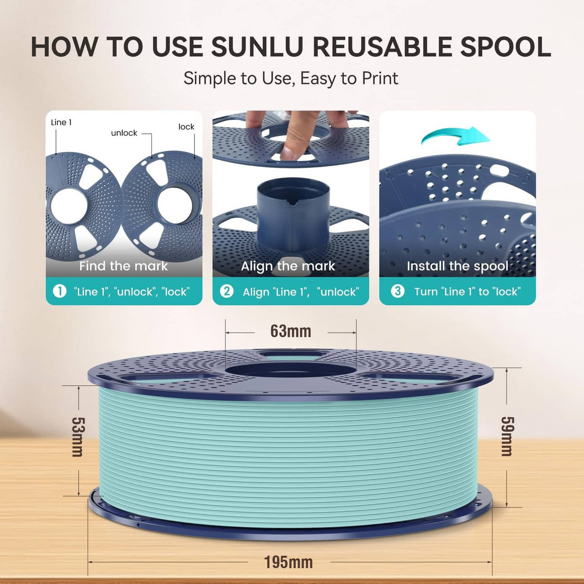 SUNLU reusable filament spool with installation guide layout and dimensions