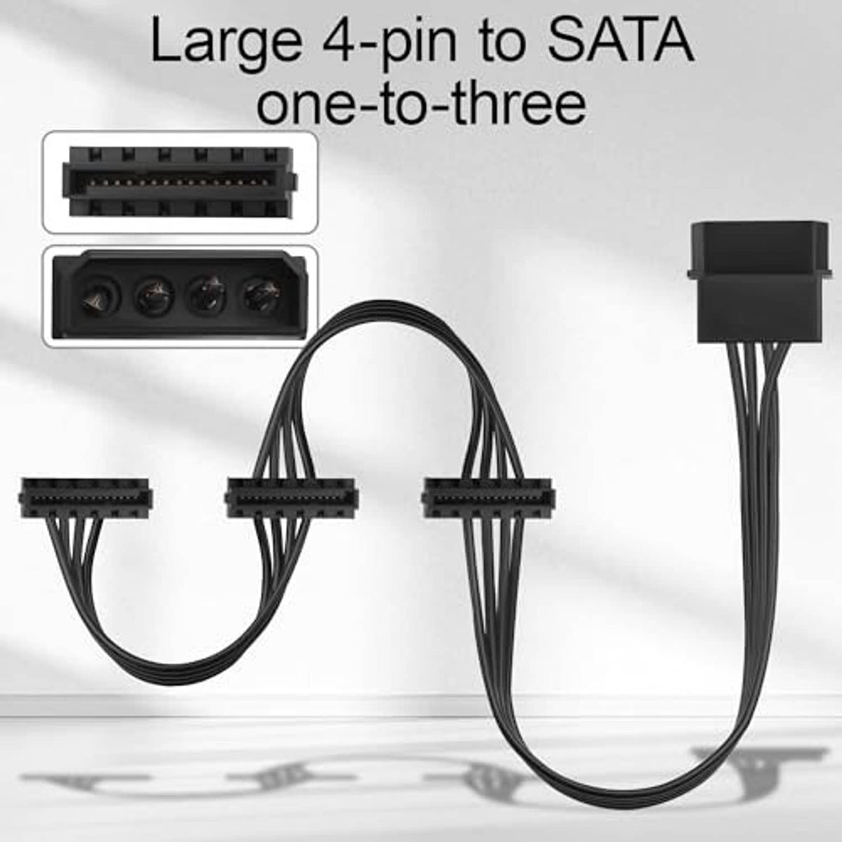 Black 4-pin to SATA power splitter cable with one 4-pin and three 15-pin ports