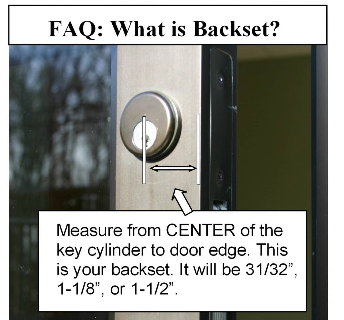 Door mortise lock cylinder on door edge with arrows for backset measurement