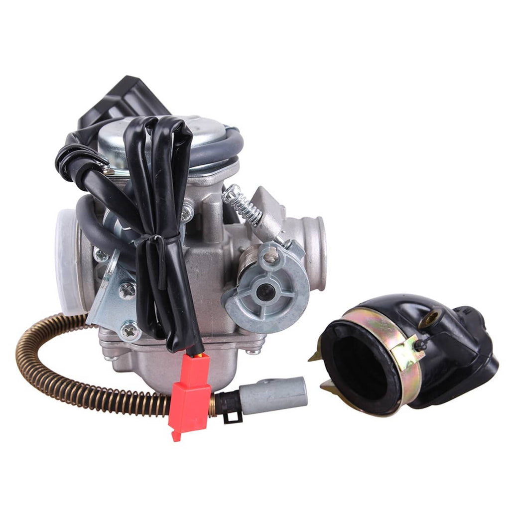 Carburetor with metal housing, side mounting bracket, black intake boot, and red switch lead