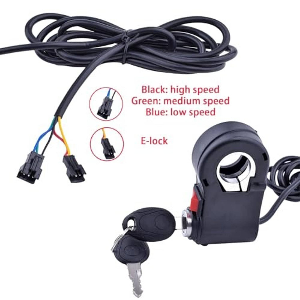 Dark gray ebike speed switch with cable wiring harness and key lock