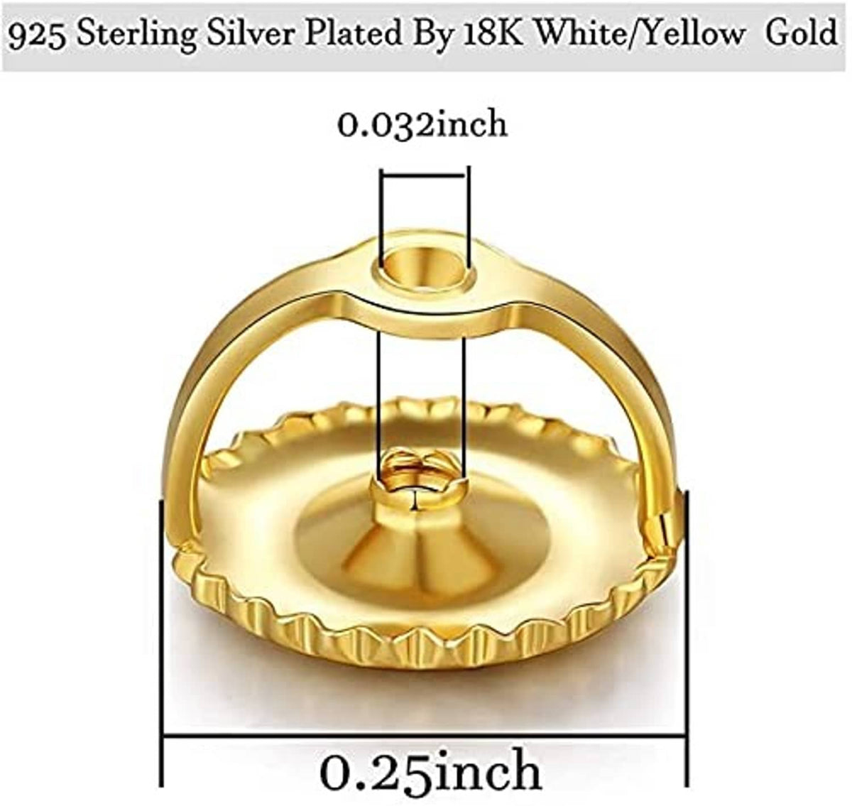 Gold screw earring backs with post, size shown as 0.25 in and 0.032 in