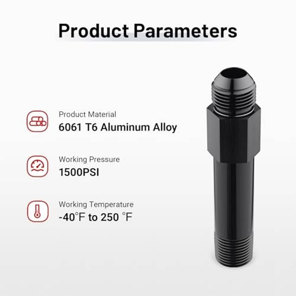 Black aluminum swivel fitting with hex body and threaded 10AN-style flare end