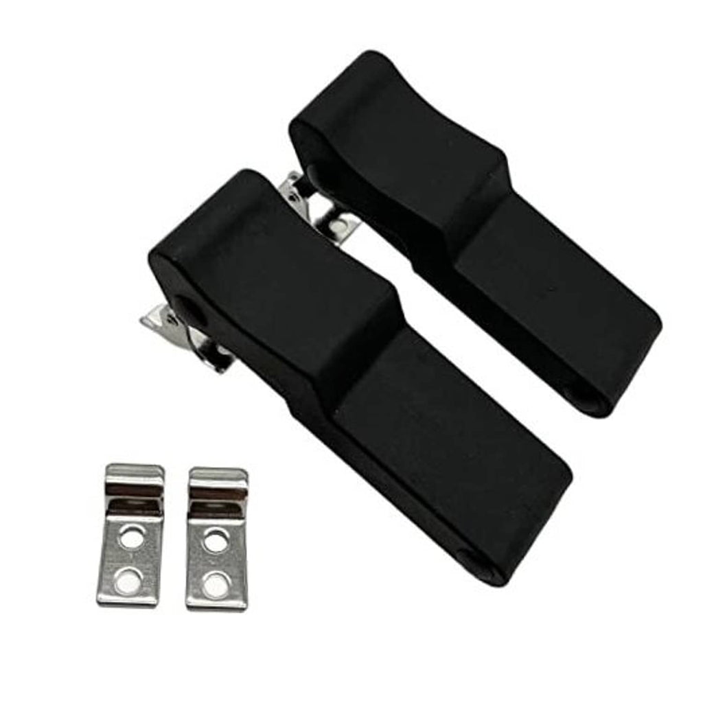 2 black rubber storage rack latches with metal mounting brackets, latch and keeper plates