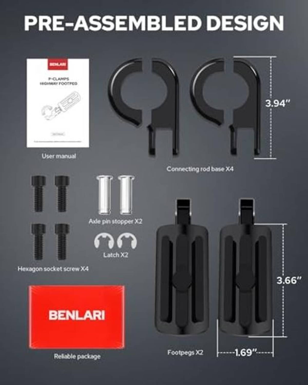 Black pre-assembled P-clamp foot peg set with mounting hardware and pins