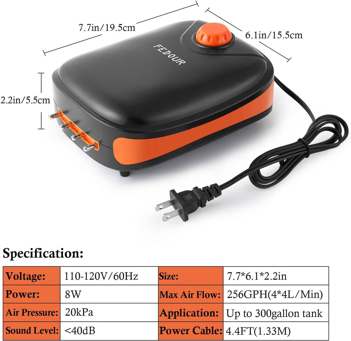 Aquarium electric air pump with power plug and dual outlets, black and orange