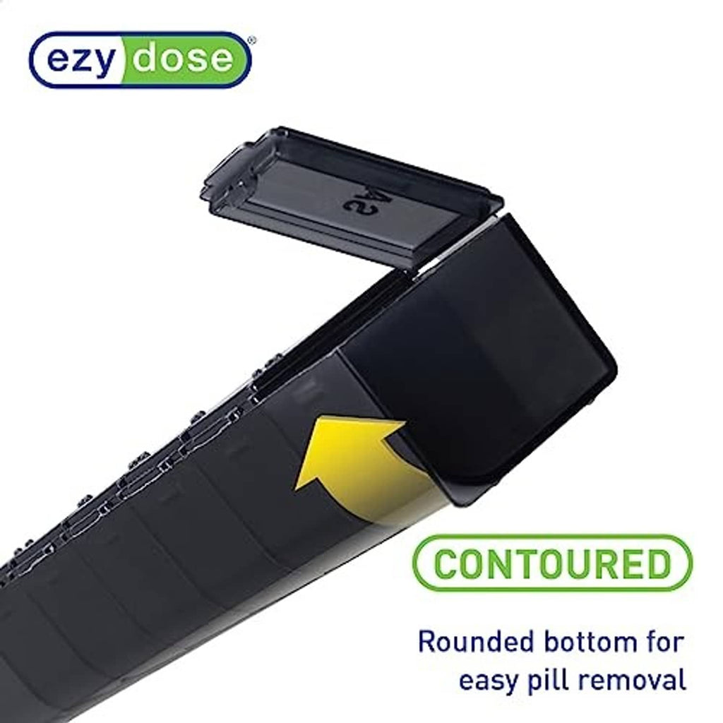 7-day pill organizer showing contoured bottom and clear base window for easy pill removal