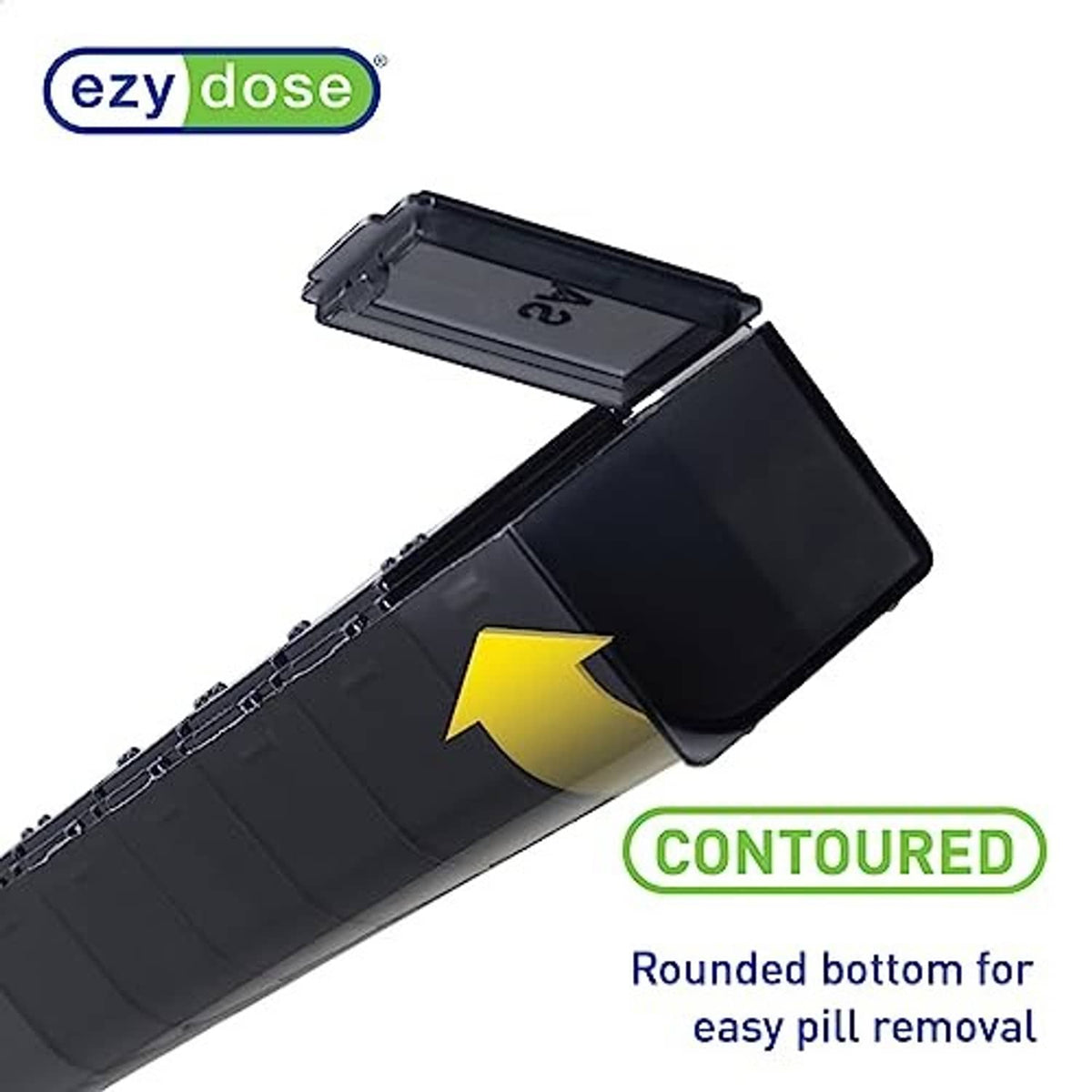 7-day pill organizer showing contoured bottom and clear base window for easy pill removal