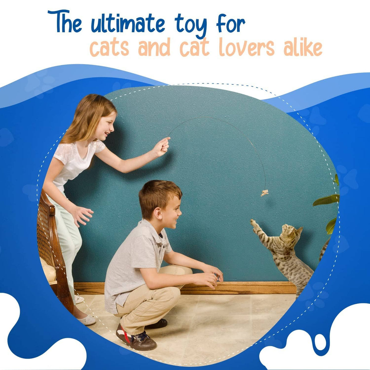 Interactive cat toy with paper rolls attachment as cat and children play indoors