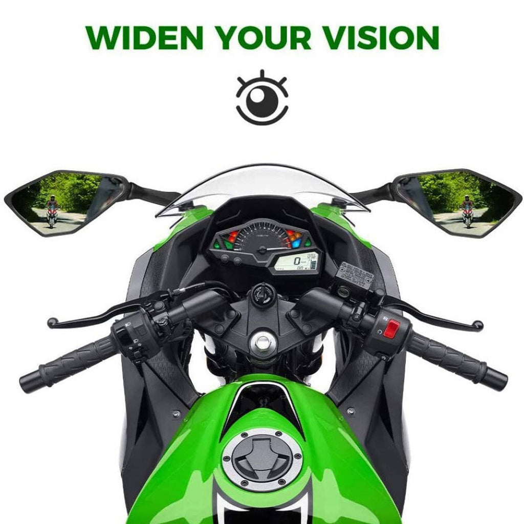 Motorcycle rearview mirrors with black stems and tinted green glass