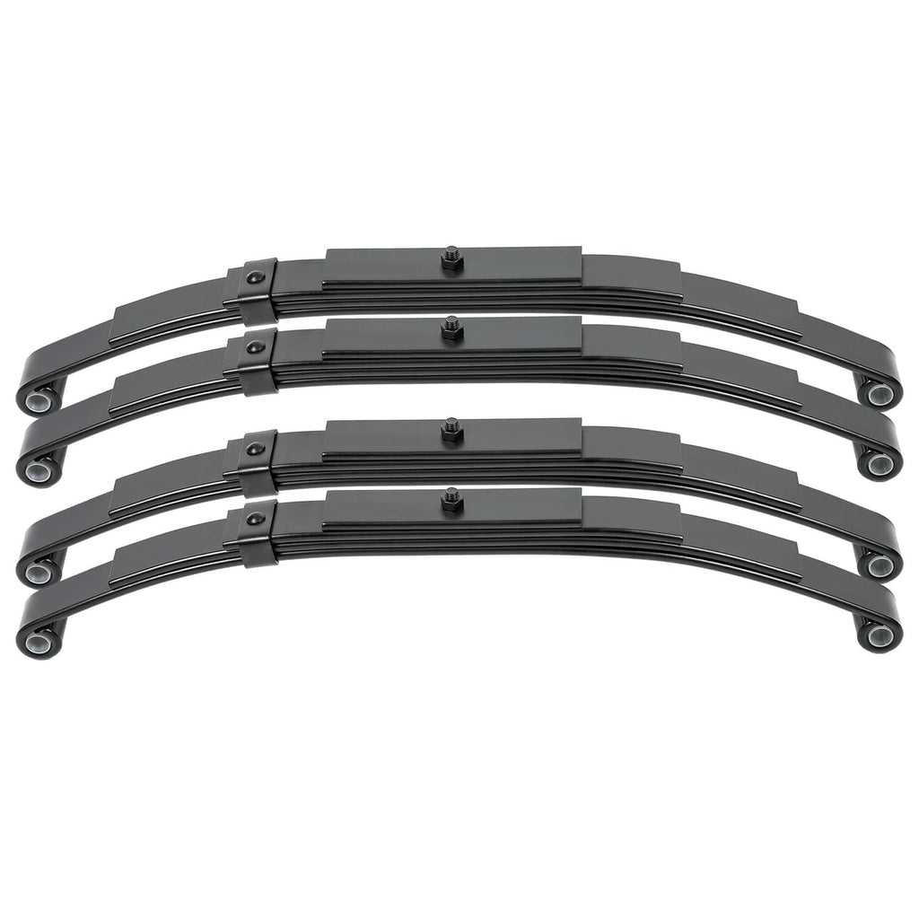 Multi-leaf spring pack with clamps and mounting eye brackets, black metal