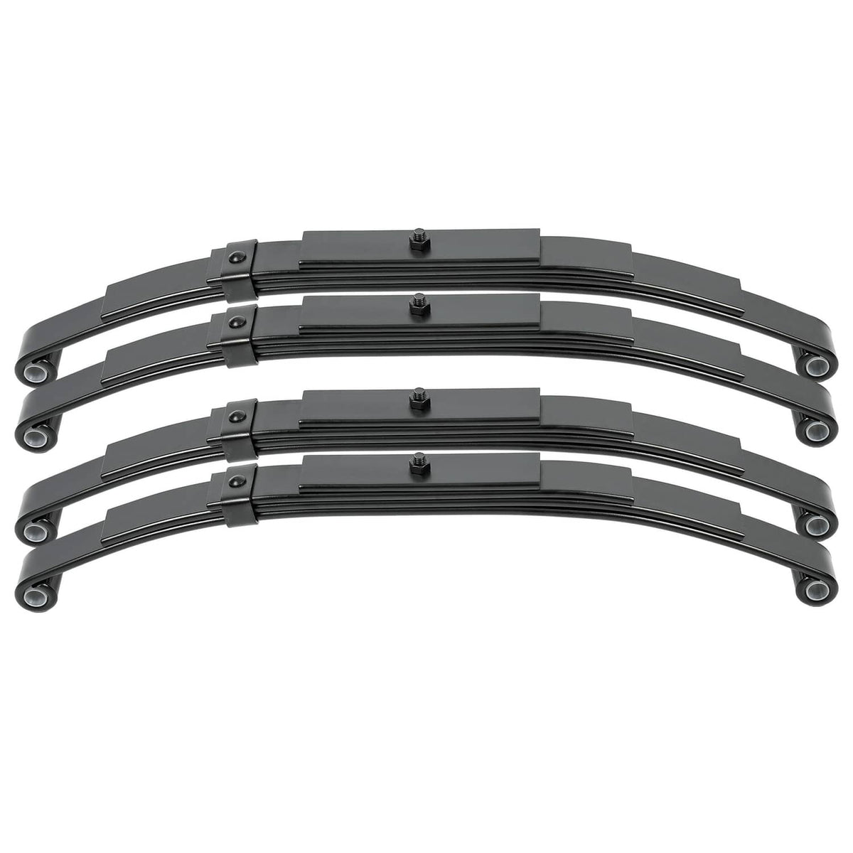Multi-leaf spring pack with clamps and mounting eye brackets, black metal