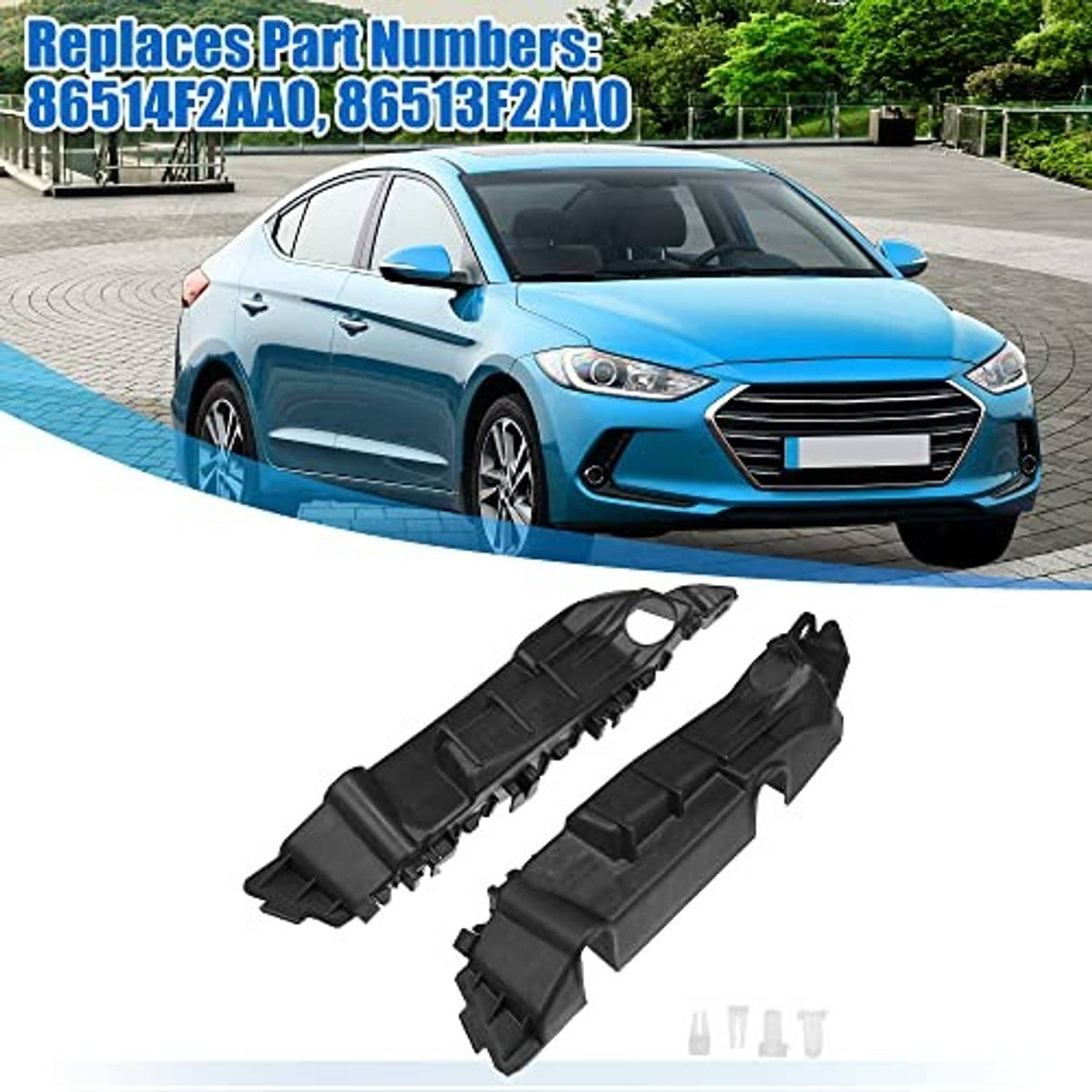 Front bumper mounting support brackets on a car, black plastic with mounting holes