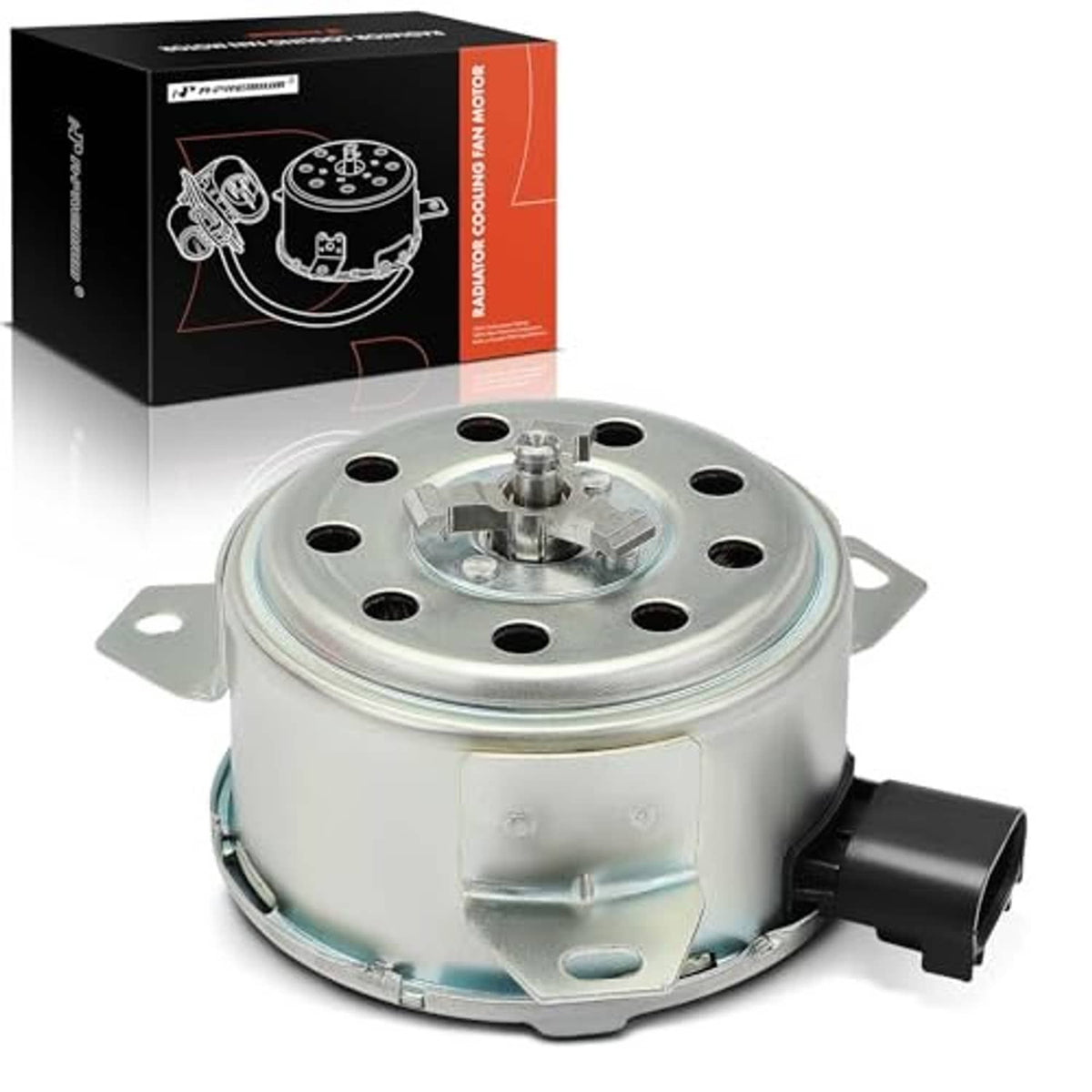 Radiator fan motor front view with silver housing, top shaft, and black electrical connector