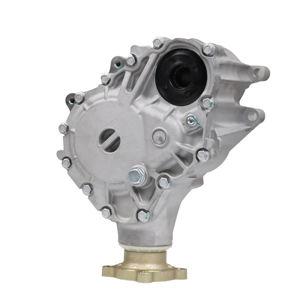 Aluminum transfer case assembly with black circular opening and gold mounting stub flange