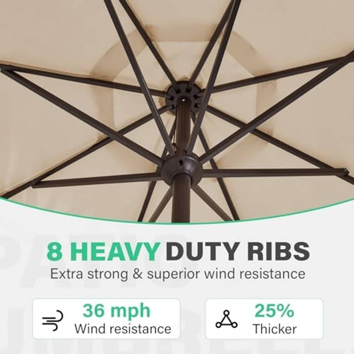 Beige patio umbrella underside with cross-frame ribs and central hub