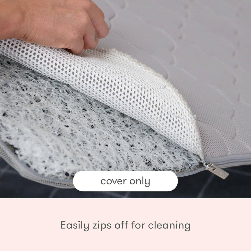 Close-up of grey bassinet cover zipper and breathable mesh inner layer