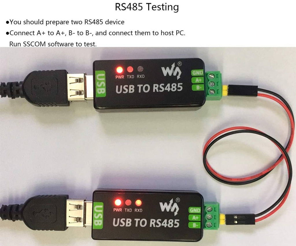 USB to RS485 adapter kit with USB cables, red status LEDs, and green terminal