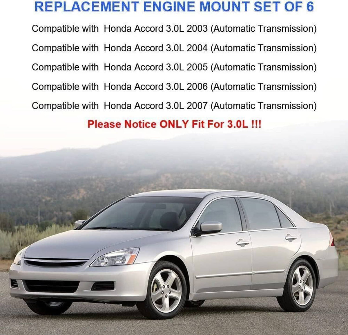 Replacement engine mount set of 6 for automatic 3.0L Honda Accord shown on a car