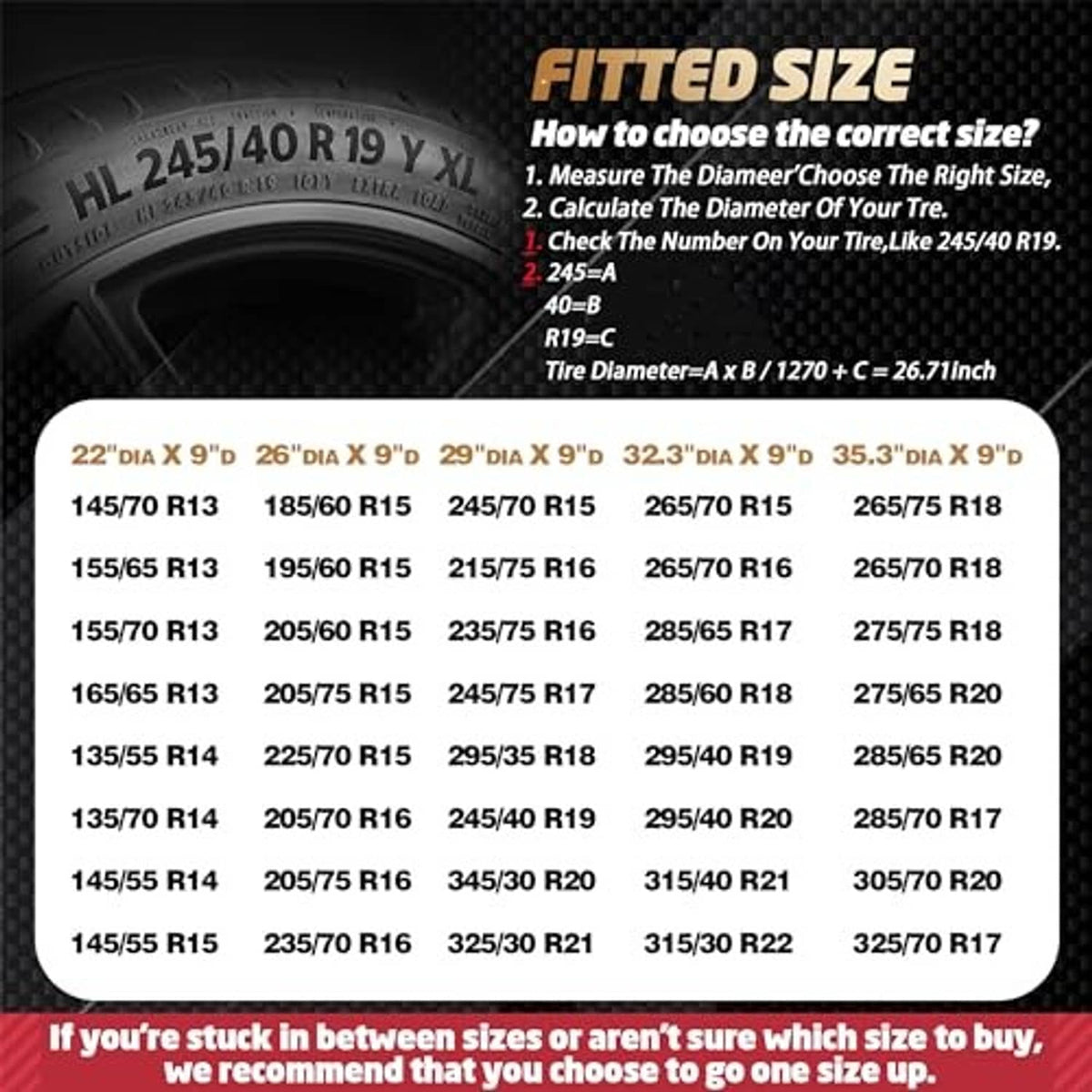 Fitted size chart for RV tire covers, listing 19–22 inch diameter ranges