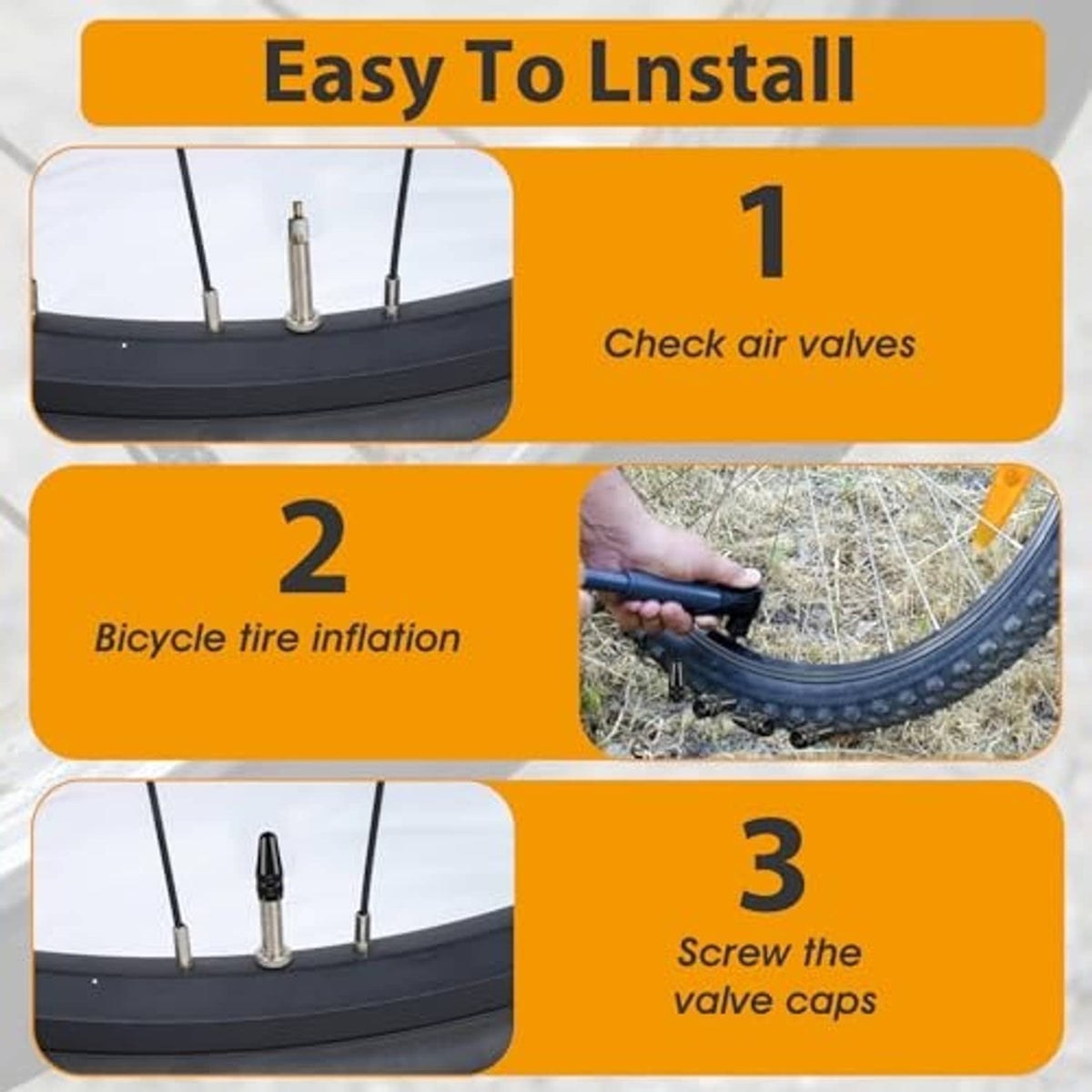 Black aluminum Presta valve caps for easy installation, shown on a bicycle wheel