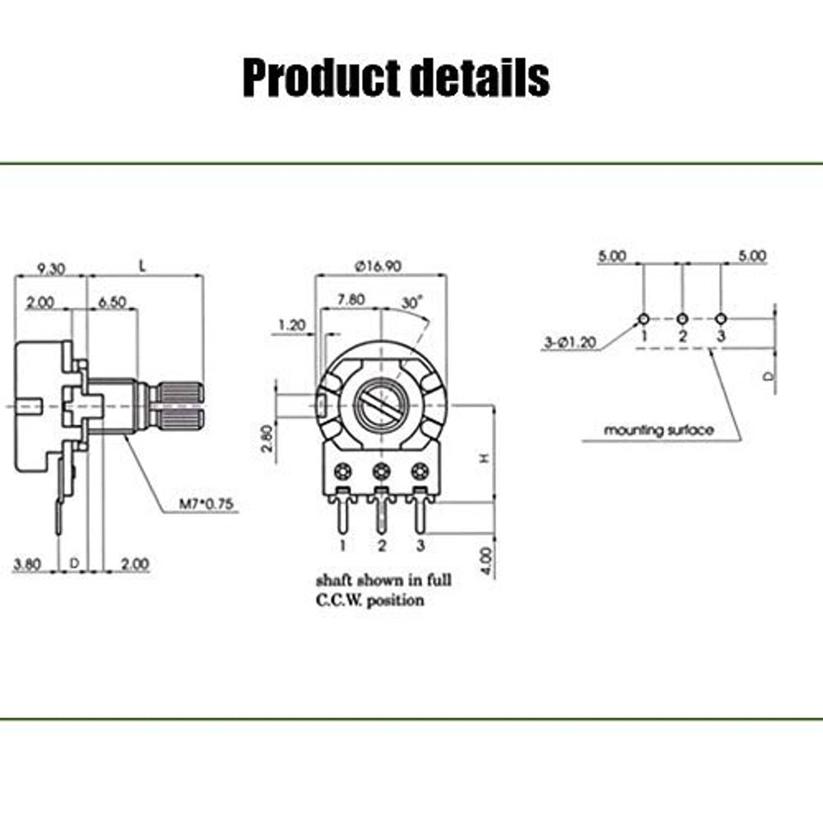 Rotary potentiometer product detail diagram with mounting dimensions and pin layout