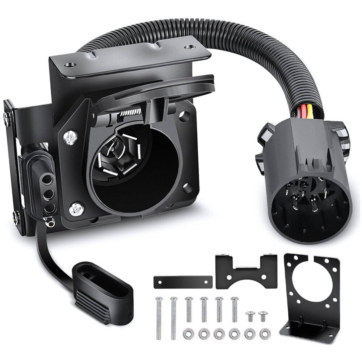 7-way wiring harness connector set with mounting plate, cables, and included hardware pieces