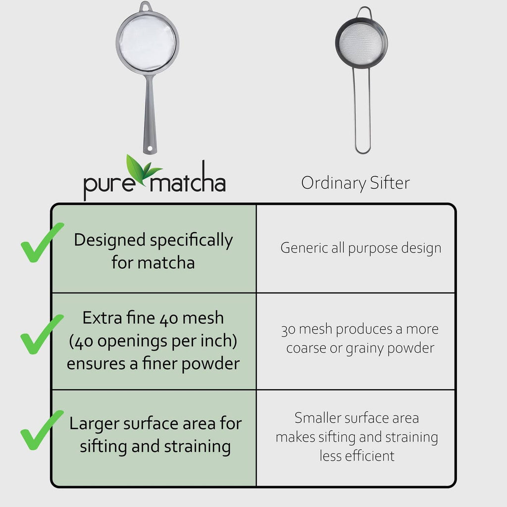 Two stainless steel tea strainers with fine mesh and hanging loop handle